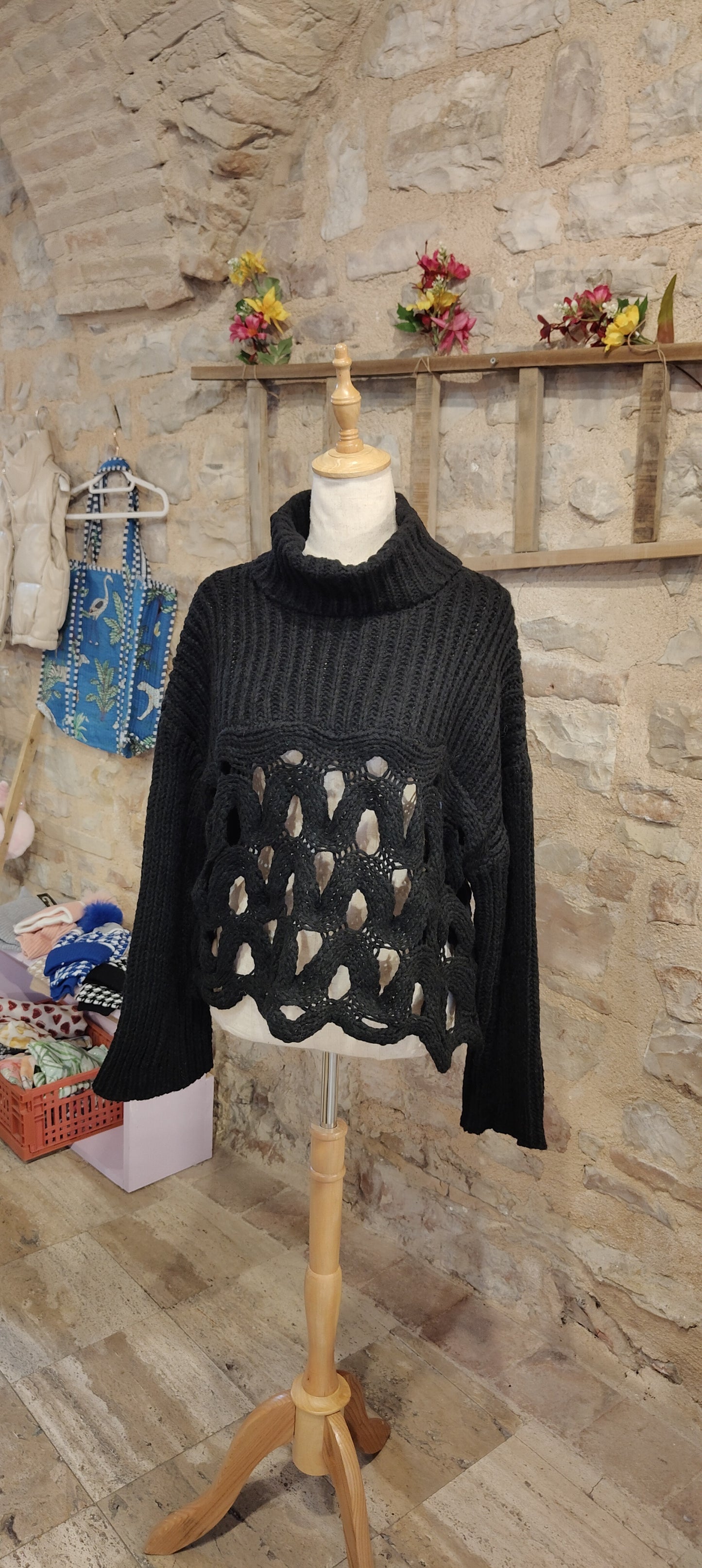 Maglione nido d'api nero (collo)