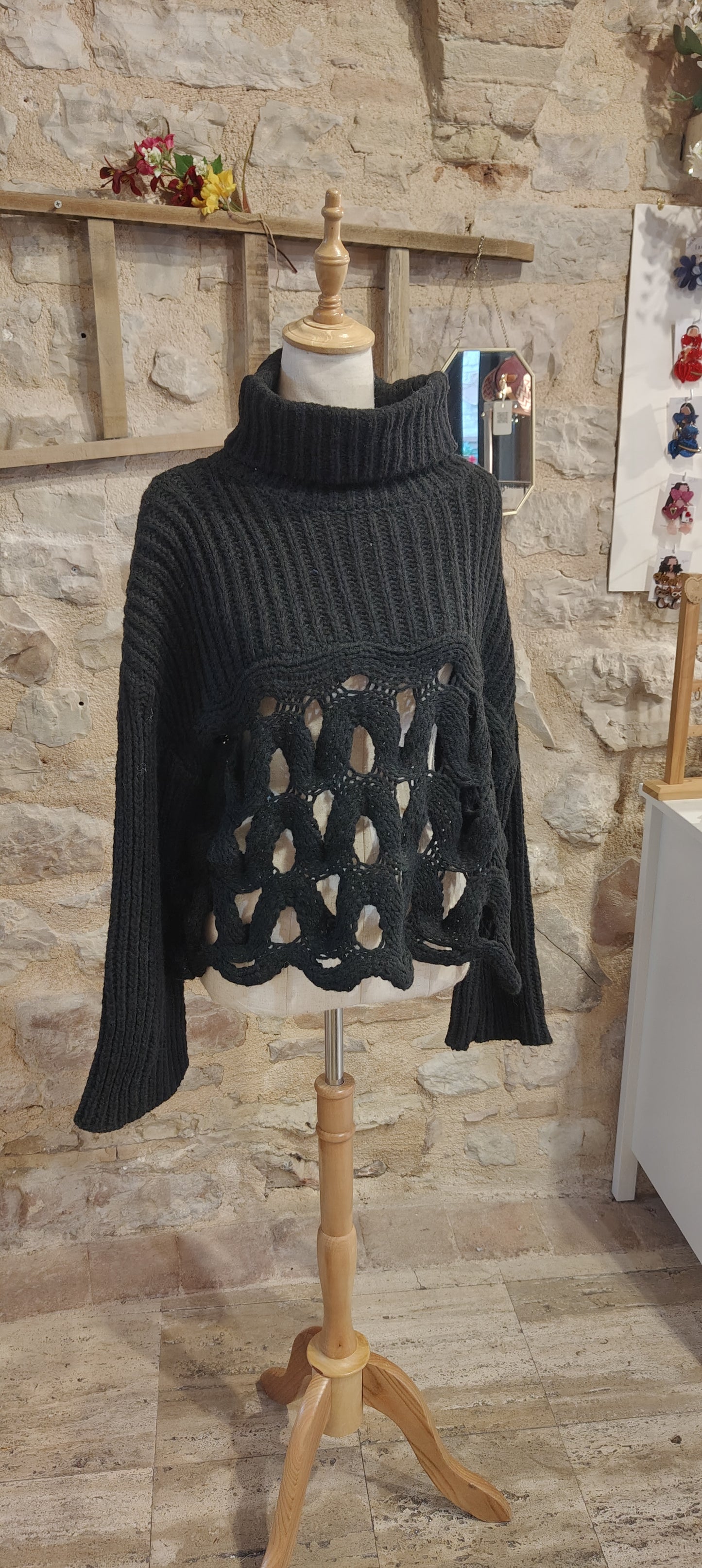 Maglione nido d'api nero (collo)